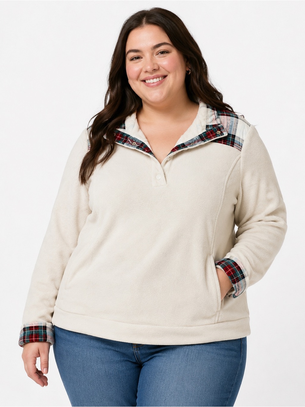 Crown & Ivy Wonens Snap Button Fleece Pullover in Cream/Red Tartan Sz 3X